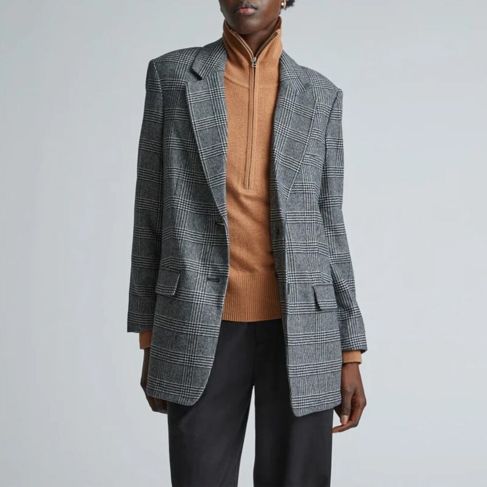 Everlane Oversized Blazer Glen Plaid Black White Wool Boyfriend SZ 8